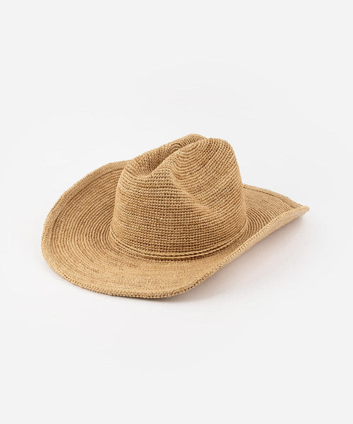 Ames Packable Straw Cowboy Hat showcasing a classic cattleman crown and breathable crochet raffia design.