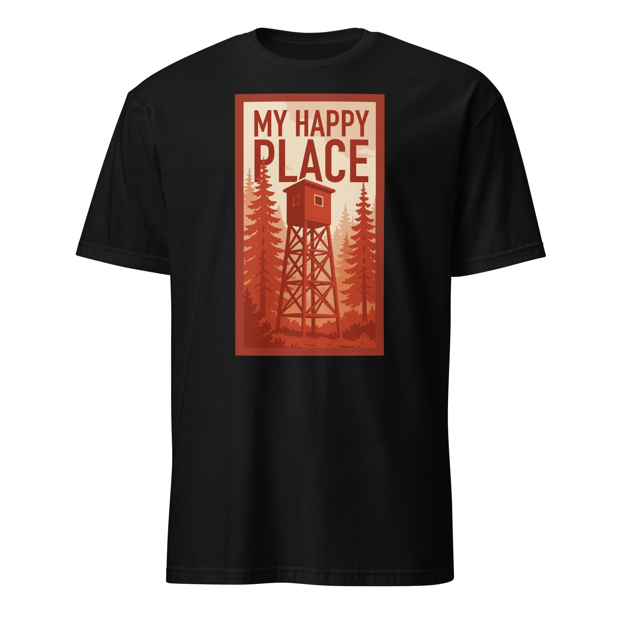Black graphic tee featuring 'My Happy Place' design with a tree stand and forest backdrop.