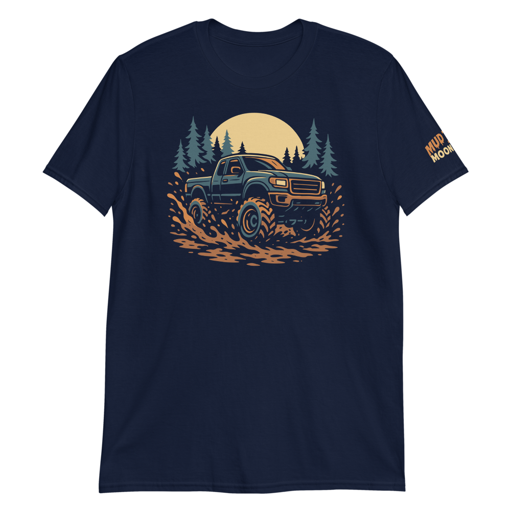 Mud Tires & Moonlight tee featuring a lifted truck splashing mud under a full moon with pine trees, in deep navy.