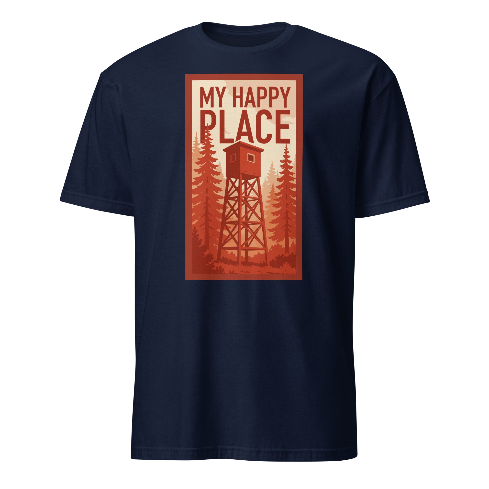 Navy graphic tee featuring the phrase 'My Happy Place' with a tree stand design, ideal for nature lovers.