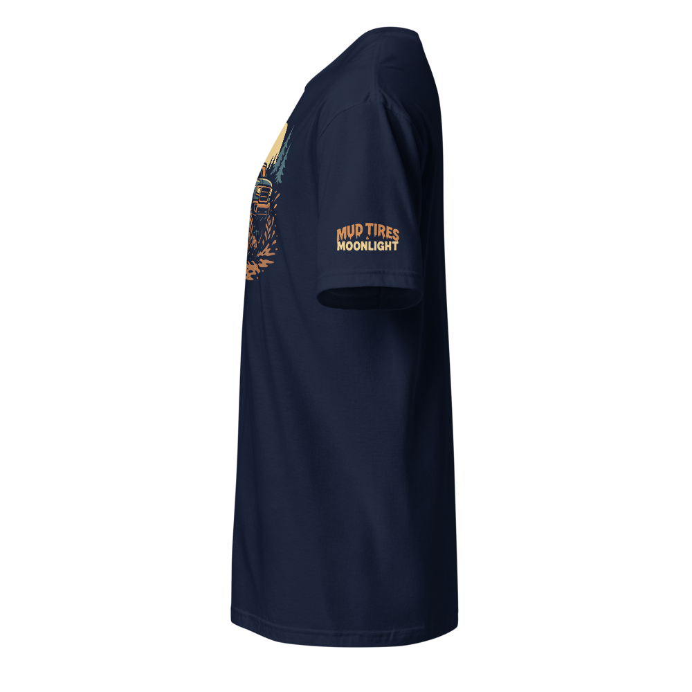 Mud Tires & Moonlight Tee showcasing lifted truck design, soft navy cotton, perfect for off-road enthusiasts.