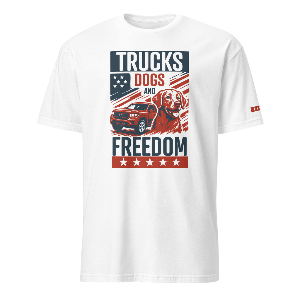Men's white tee featuring a vintage graphic of trucks, dogs, and freedom in patriotic colors.
