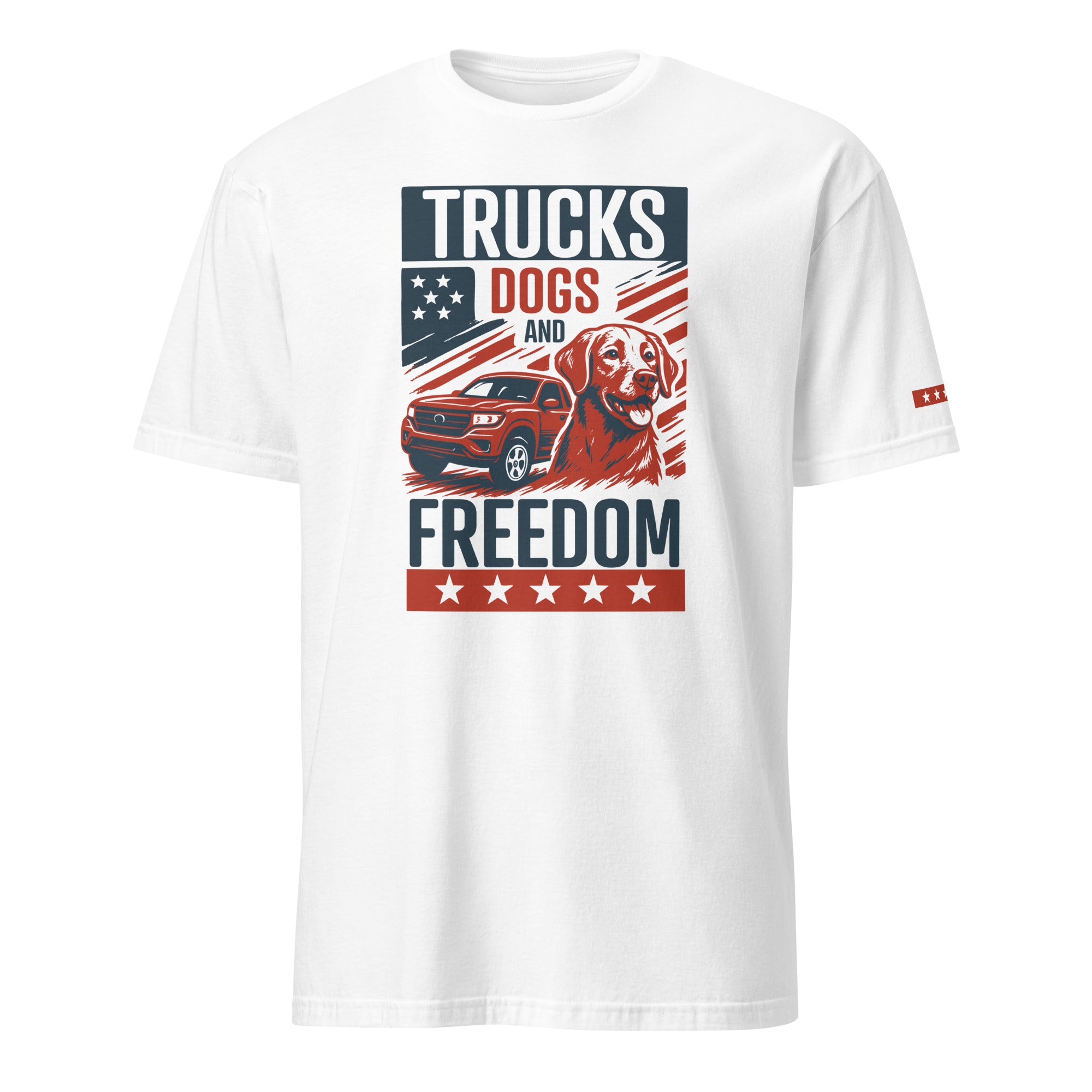 Men's white tee featuring a vintage graphic of trucks, dogs, and freedom in patriotic colors.