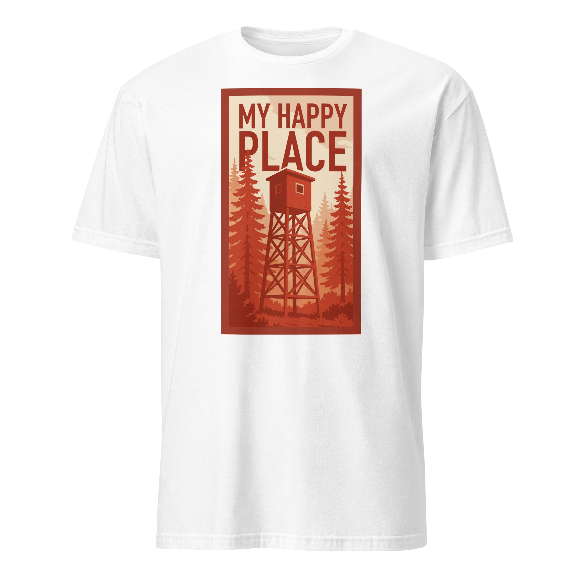 White graphic tee featuring a tree stand and the words 'My Happy Place', perfect for nature lovers and hunters.