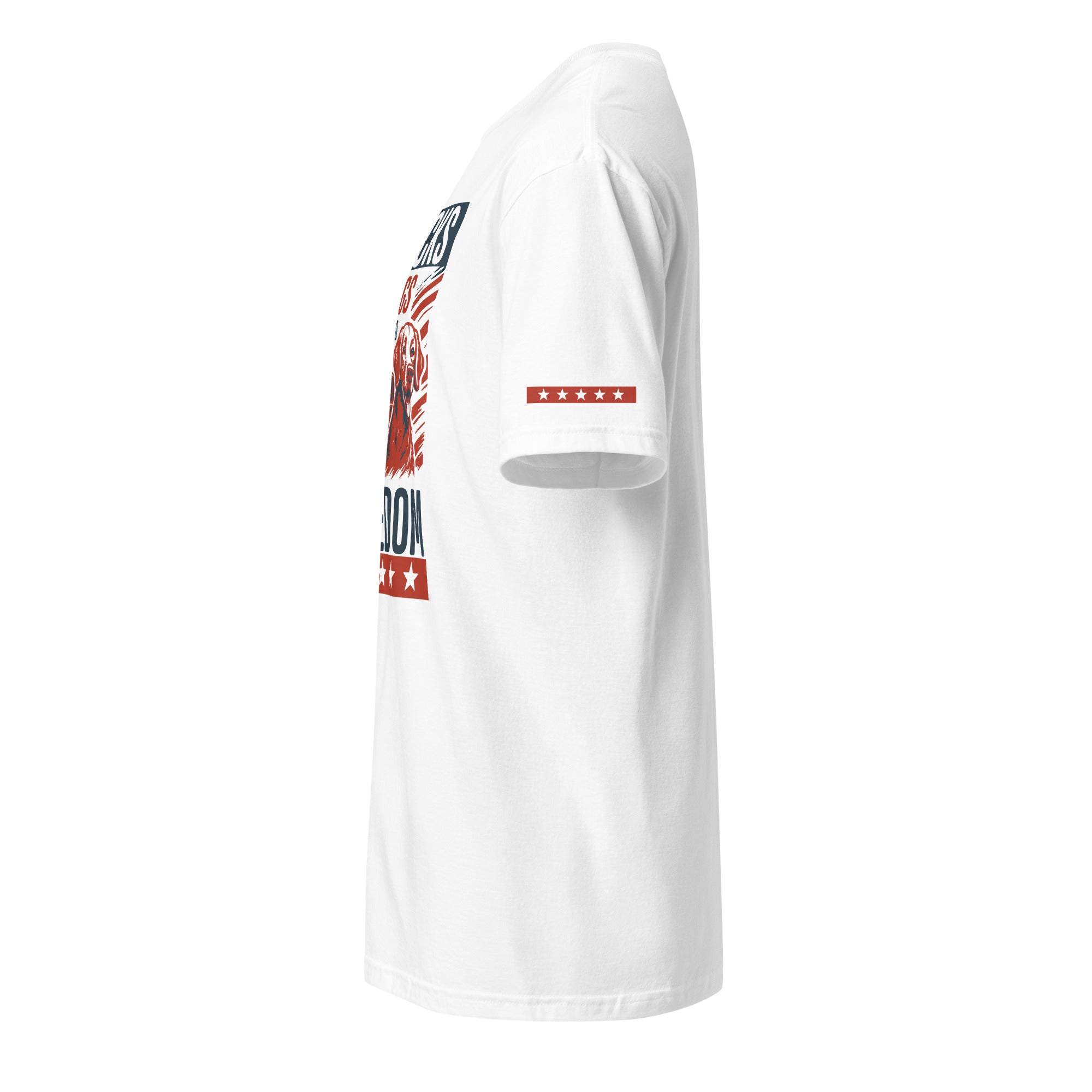 Side view of the white "Trucks, Dogs, and Freedom" tee showcasing a vintage graphic in red, white, and blue.