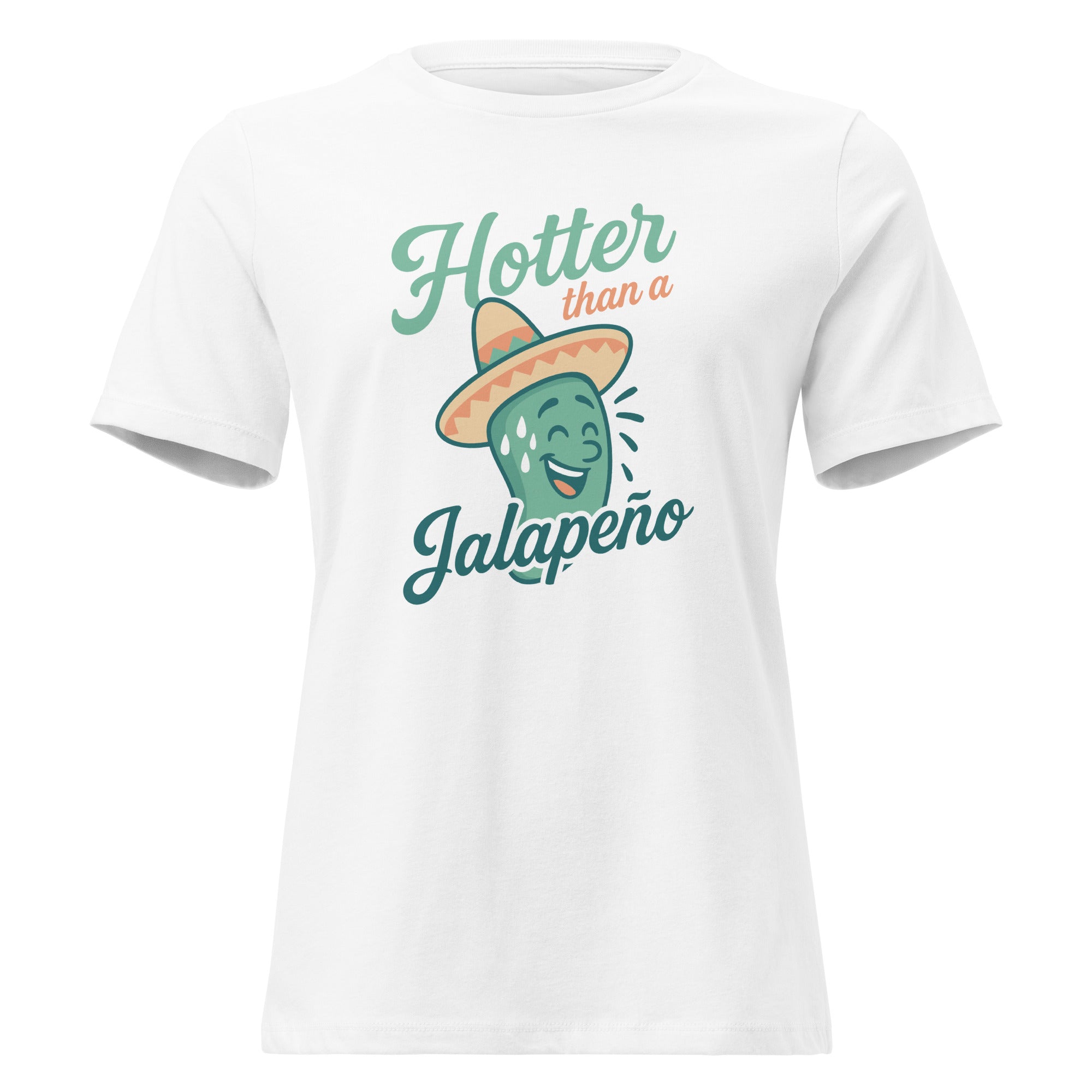Hotter Than a Jalapeño graphic tee featuring a smiling jalapeño in a sombrero on a white shirt.